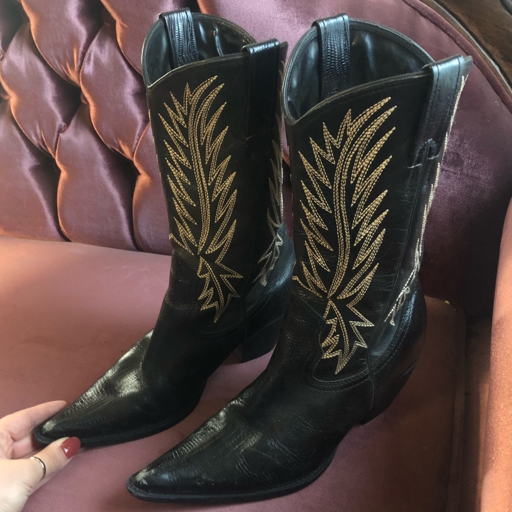 Black leather embroidered boots